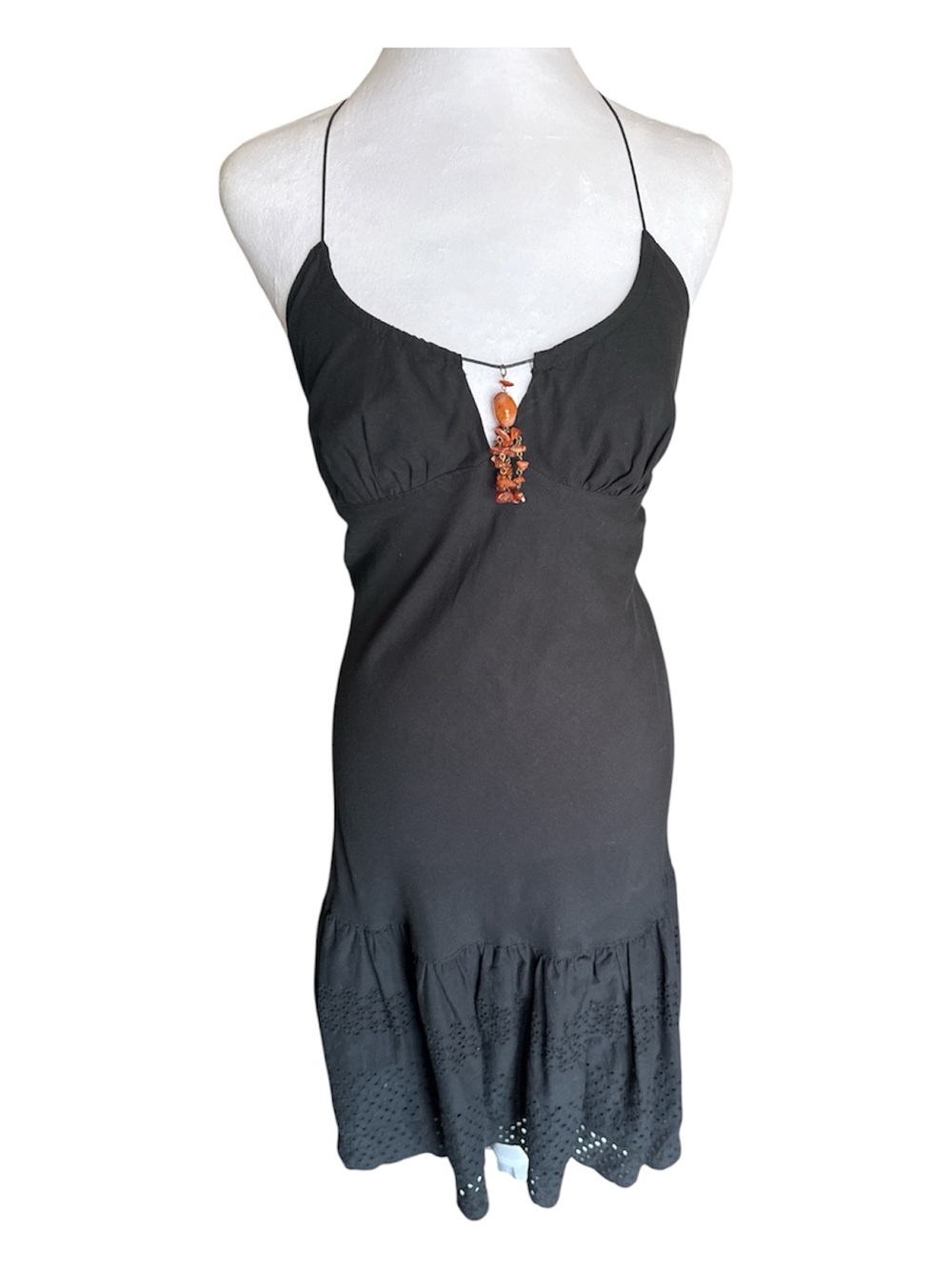 VTG Sandro Black Halter Eyelet Embroidery Ruffle Hem Dress Carnelian Pendant
